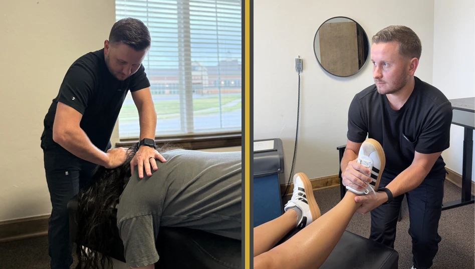 Chiropractor Joshua Harvey Adjusting a Patient's Neck and Leg